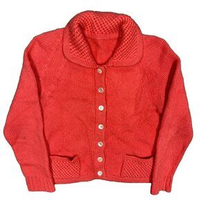 Chunky Wool Knit Sweater Button Up Cardigan Pearl Buttons Pink Small